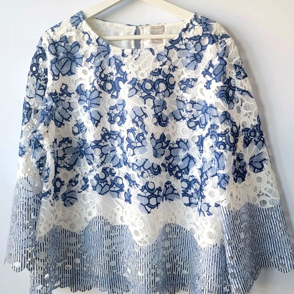 Chico's Blue and White Floral Lace Blouse - Picture 1 of 5